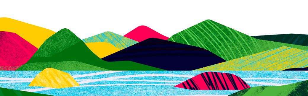 A graphic depicting a painting of various colored mountains, including red, dark green, yellow, light green, and black, surrounding a light blue body of water.