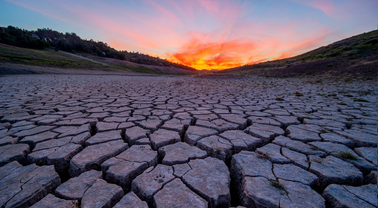 Dry river bed with sunset.