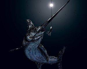 A black and white drawing of a swordfish near a baited line in the dark ocean.