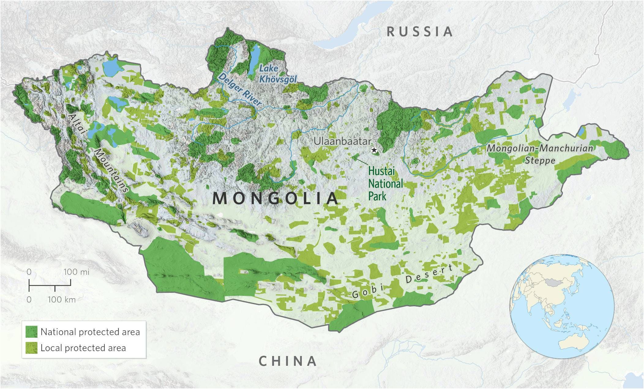 Map of Mongolia showing protected areas.