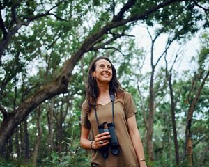 Researcher Maia Persche, who studies the ways that oak woodland management has affected sounds, working at Hemlock Draw near North Freedom, Wisconsin.