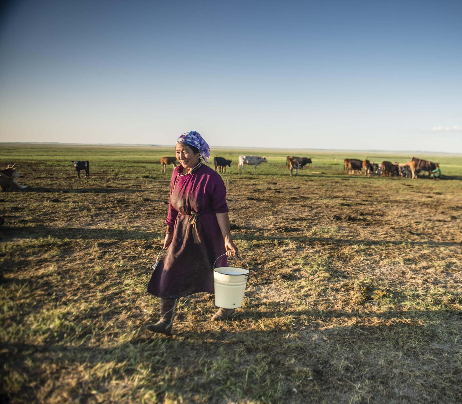 a woman carries two buckets through a field.