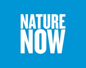 a blue graphic with bold white text that reads Nature Now