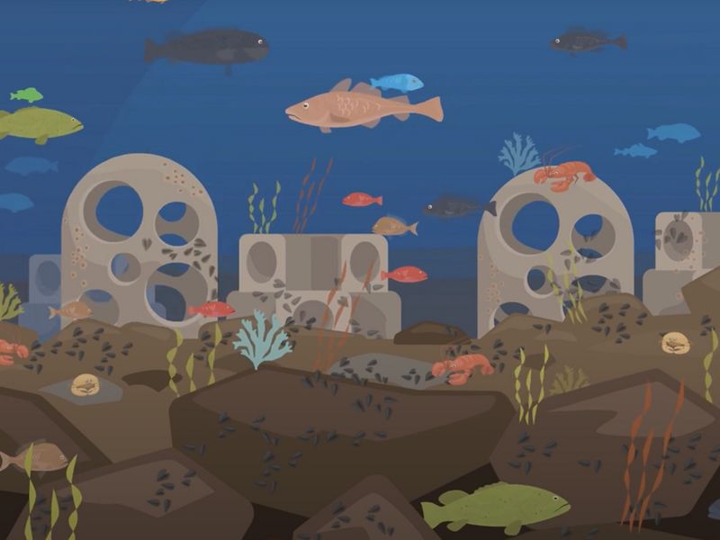 Illustration of an underwater artificial reef with various fish swimming around it.