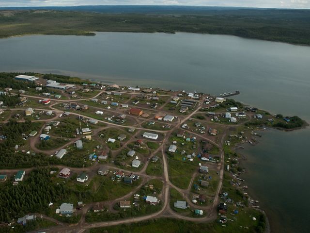 aerial of the first nation community of lutsel ke, butting out onto peninsula of great slave lake in northwest territories