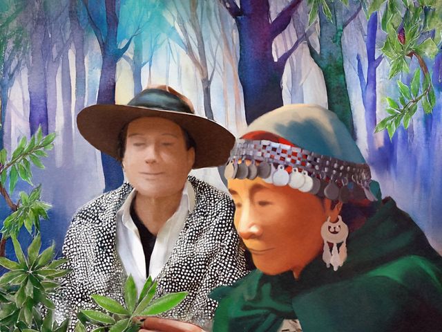 Artwork depicting a Mapuche elder looking at a plant with another person looking on.