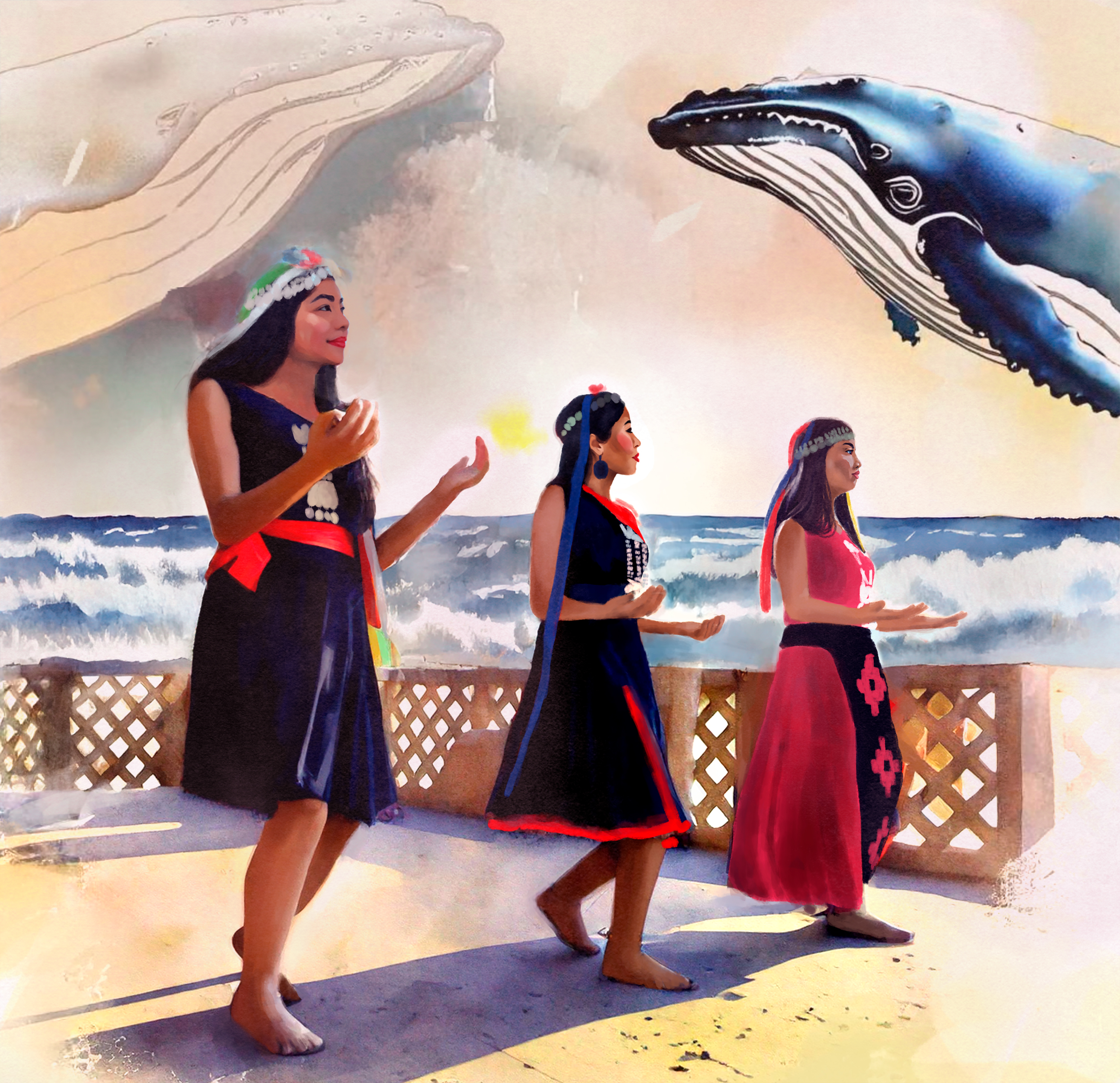 An illustration of three people performing a ceremony in front of the ocean with a humpback whale jumping in the sky.