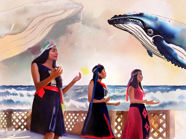 An illustration depicting a humpback whale jumping out of the water with women in ceremony on the shore.