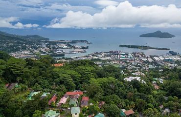 Aerial view of harbor in Seychelles.