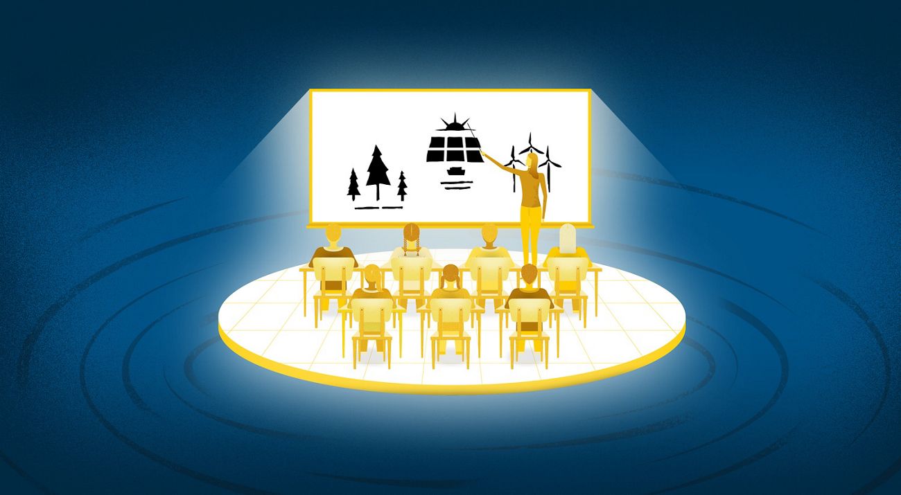 Illustration of brightly lit classroom surrounded by a dark swirl. Within the classroom, a teacher draws wind turbines and solar panels on a whiteboard for students in desks.