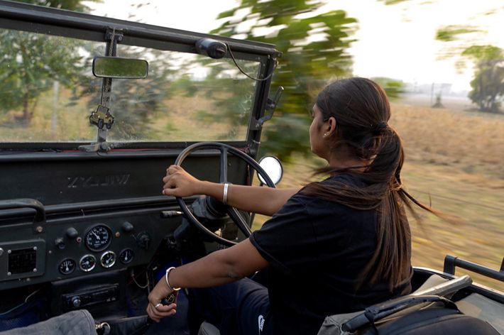 A view from the passenger side of an open jeep as Amandeep Kaur drives through a farming region, the landscape flying in motion around her.