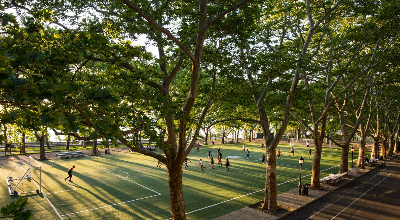 Urban trees surround a soccer field in New York City.