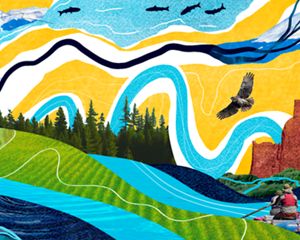 A stylized graphic of people and nature enjoying a river—a man fishing, a bear feeding and a couple canoeing.